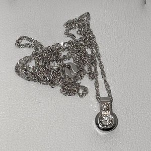 Solid 14K White Gold Semi Bezel Natural Round Cut Diamond Solitaire Necklace